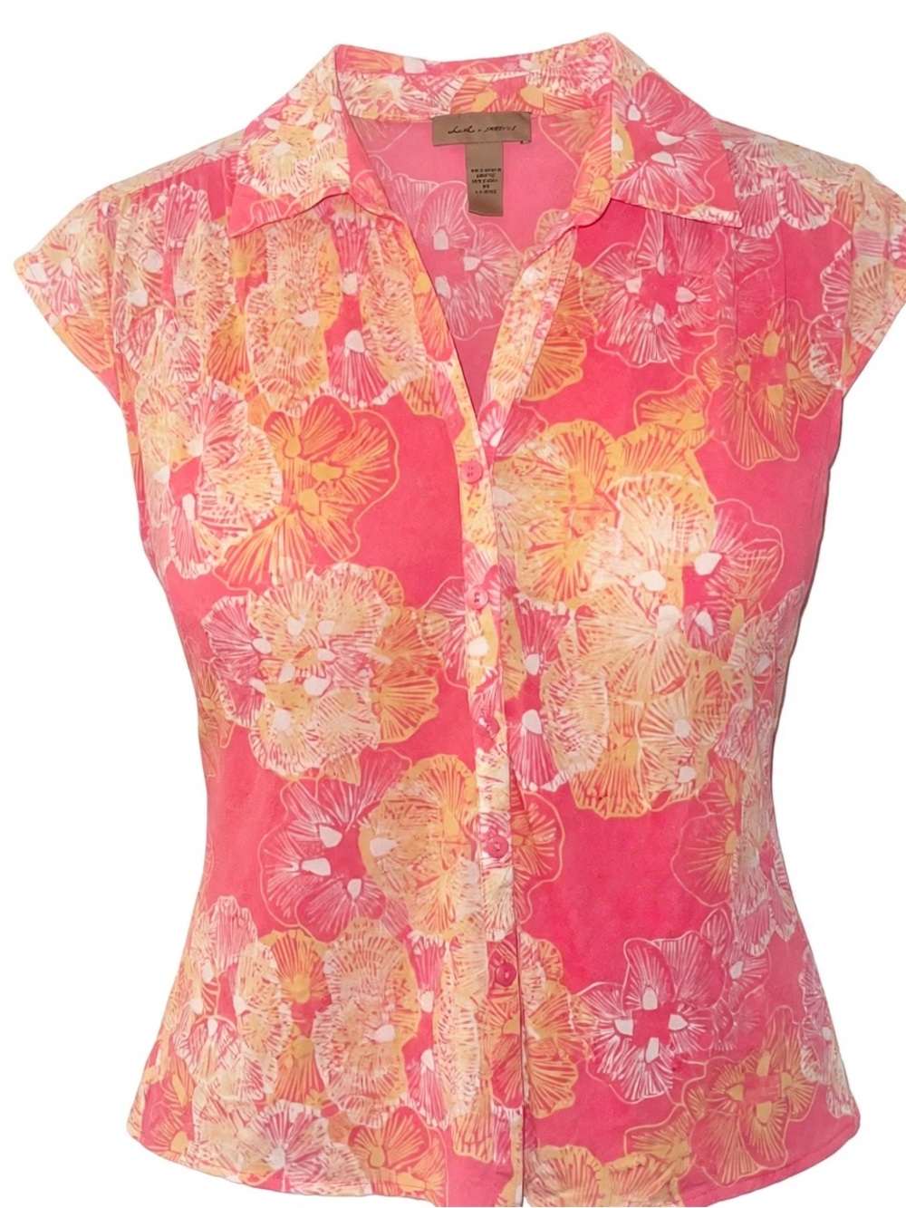 i.e. Relaxed Coral Pink Floral Cap Sleeve Y2K Summer Nylon Button Front Medium